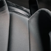 Close up view of cushioned, breathable back panel material
